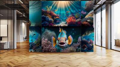 Colorful tropical fish turtle, coral scene underwater background collection, illustration digital generative ai  Wall mural