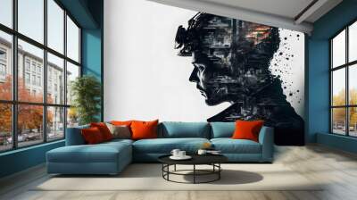 construction worker with design in dark head. in the head industrial and architecture, white backgro Wall mural