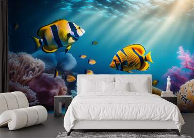 Coral reef and fish in the sea, tropical underwater background, Illustration generativ ai Wall mural