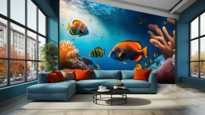 Coral reef and fish in the sea, tropical underwater background, Illustration generativ ai Wall mural