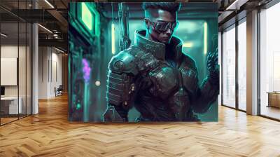 Cyberpunk futuristic super soldier woman standing in full armor with future weapon, portrait, concept art digital, illustration Wall mural