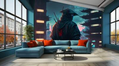 futuristic samurai potrait standing in cyberpunk  science fiction city at night, rain falling, neon lights,  concept art digital, generative ai illustration  Wall mural