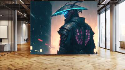 futuristic samurai potrait standing in cyberpunk  science fiction city at night, rain falling, neon lights,  concept art digital, illustration  Wall mural