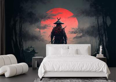 Futuristic Samurai standing backwards in a night grey forest with a big red moon in the background, Panorama landscape scene, illustration art style painting Wall mural