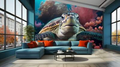 happy smiling sea turtle swimming underwater, Portrait, illustration ai digital art style Wall mural