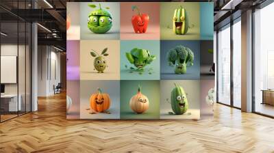 Happy Vegetables, Cute Cartoon 3D Collection, Simple Background, Illustration generative ai Wall mural