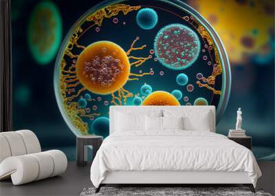 Macro close up shot of bacteria and virus cells in a scientific laboratory petri dish standing vertical, science background, illustration digital generative ai design art style Wall mural