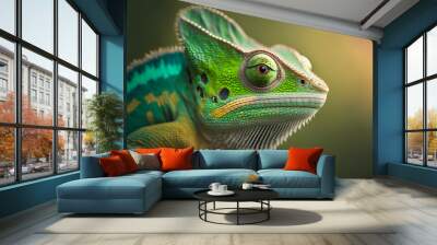 Portrait close up green colored chameleon, illustration digital generative ai design art style Wall mural