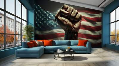 raising human fist in the air, usa us flag background, symbol concept of protest  resistance, standing up for beliefs fighting for justice, united states, illustration digital generative ai design Wall mural