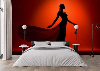 silhouette of a beautiful woman in red dress. elegant dance. night party background  Wall mural