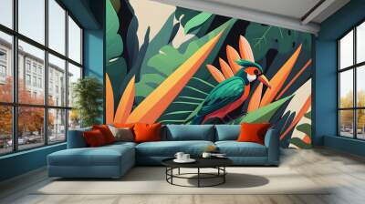 Tropical leaves with bird of paradise, jungle background, Illustration generative ai  Wall mural