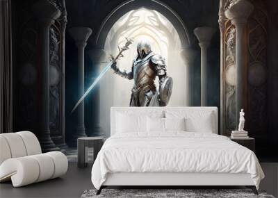 White Ancient Magic Knight in a Temple, Fantasy Background - Illustration generativ ai  Wall mural