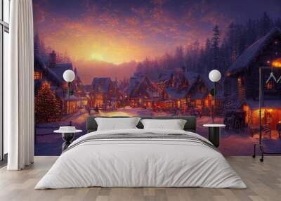 winter christmas evening in the village painting  Wall mural