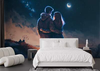 young couple embracing each other in love on the hill outdoor at night, silhouette facing showing back, colorful illustration art generative ai drawing  Wall mural