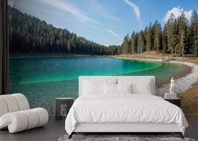 A beautiful artificial lake surrounded by a pine forest on a sunny day, lake Montagnoli, Alps, Italy Wall mural