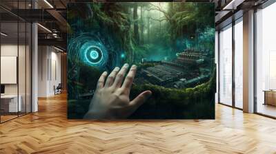 A cyber hand in an ancient forest showing the way to a technologically advanced future - Generative AI Wall mural