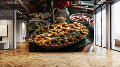 a delicate food photograph of a table with plates of different kinds of pasta, the soft lighting showing the herbs, sauces cheeses and plates - Generative AI Wall mural