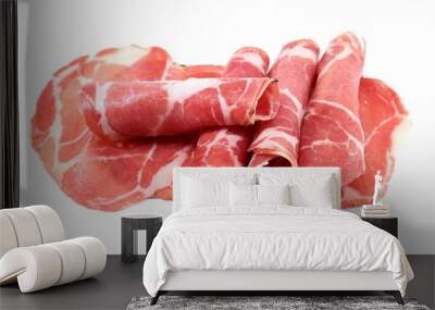 Freshly cut slices of Coppa or Capocollo on white background. It is traditional Italian pork cold cut made from the dry cured muscle of the neck. In USA is known as gabagool or capicola. Wall mural