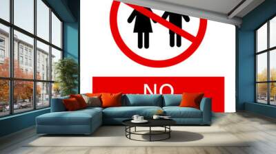 No children allowed, ban sign with the silhouettes of a boy and a girl. Text below on red background. Wall mural