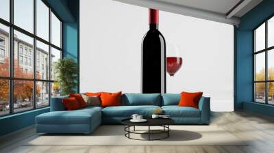 red wine bottle and glass isolated on white background Wall mural