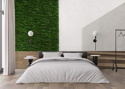 A wall of green grass and a wooden floor. The design. 3d render. Wall mural