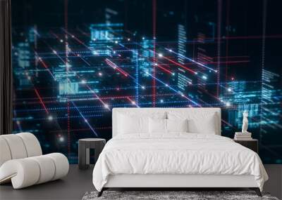 abstract complex neural data network with programming code, concept of web development, machine learning, artificial intelligence, futuristic technology (3d render) Wall mural