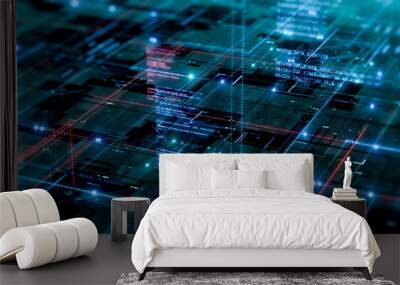 Abstract futuristic data network with programming code, concept of neural network, cloud computing, big data, digital data processing, ai, software development (3d render) Wall mural