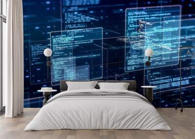 abstract network with random programming code, web and software development concept, futuristic tech Wall mural