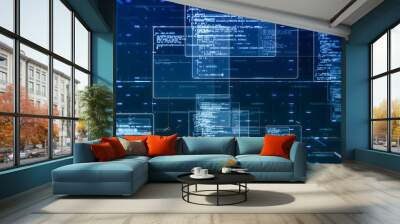 abstract network with random programming code, web and software development concept, futuristic technology, digital connectivity, cyber space (3d render) Wall mural