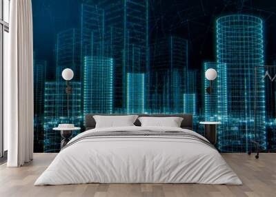 futuristic city view, cyberspace or smart city concept, skyscrapers made with particles (3d render) Wall mural