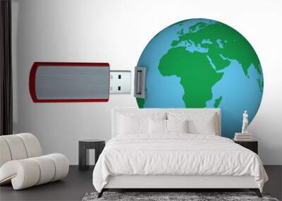 One 3d render of a usb key connecting to the planet earth Wall mural