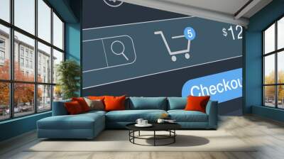 online shopping, close-up of a shopping cart icon with items counter and the checkout button (3d render) Wall mural