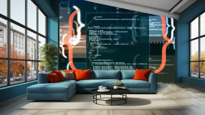 web software development concept, curly brackets with abstract programming code, internet technology concept (3d render) Wall mural