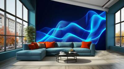 Blue wavy glowing neon lines on a dark background Wall mural