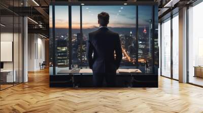 business man, back view, in the office, skyline view Wall mural