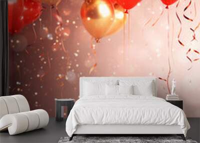 Celebration party banner background with red, gold balloons, carnival, festival or birthday balloon red background, red celebration background template Wall mural