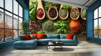 Creative Herb and Spice Display on Wall Wall mural