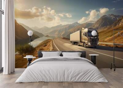 front view of single truck on road to mountain, sunny day Wall mural