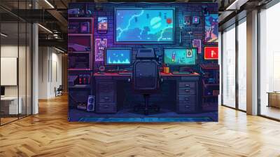 Gamer room setup with computer and wide monitor screen, setup for e-sports illustration background Wall mural