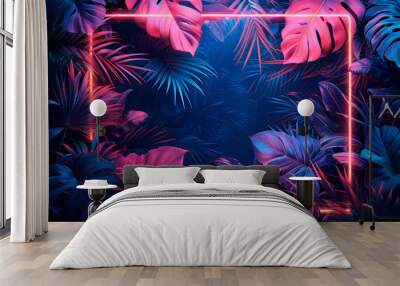 High-resolution illustration of a neon pink and blue frame with tropical leaves. Minimalist 3D game art style with no gradient shading or shapes. Ideal for flyers or posters. Generative Ai. Wall mural