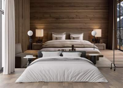 Interior design of a modern wooden chalet bedroom Wall mural