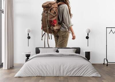 Portrait of female backpacker, isolated on white, transparent background Wall mural