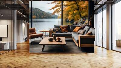 Sofa against a large window overlooking the lake and the mountain. Modern living room design with warm Scandinavian tones and natural lighting.. Generative AI	 Wall mural