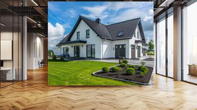 White family house with black pitched roof tiles and beautiful front yard with green lawn and paved road. Wall mural