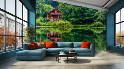 Red house on the lake Wall mural