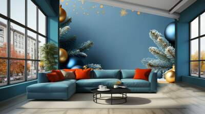 Modern Christmas background with matte blue and gold decorations for modern designs Wall mural