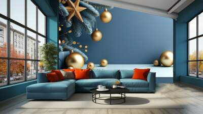 Modern Christmas background with matte blue and gold decorations for modern designs Wall mural