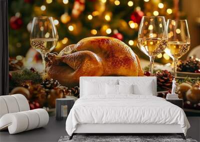 Christmas dinner with roast turkey and glasses of white wine Wall mural