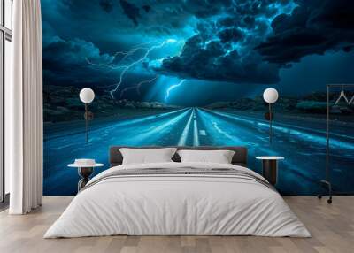 Dramatic Deserted Road with Lightning in Stormy Sky Wall mural