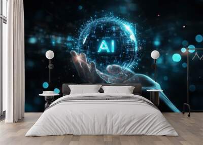 Hand holding a glowing AI sphere symbolizing the power and potential of artificial intelligence. Wall mural